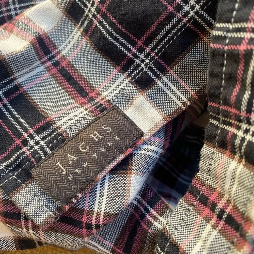 Jachs Men's Flannel Shirt Button Down Plaid Gray Burgundy White Size large